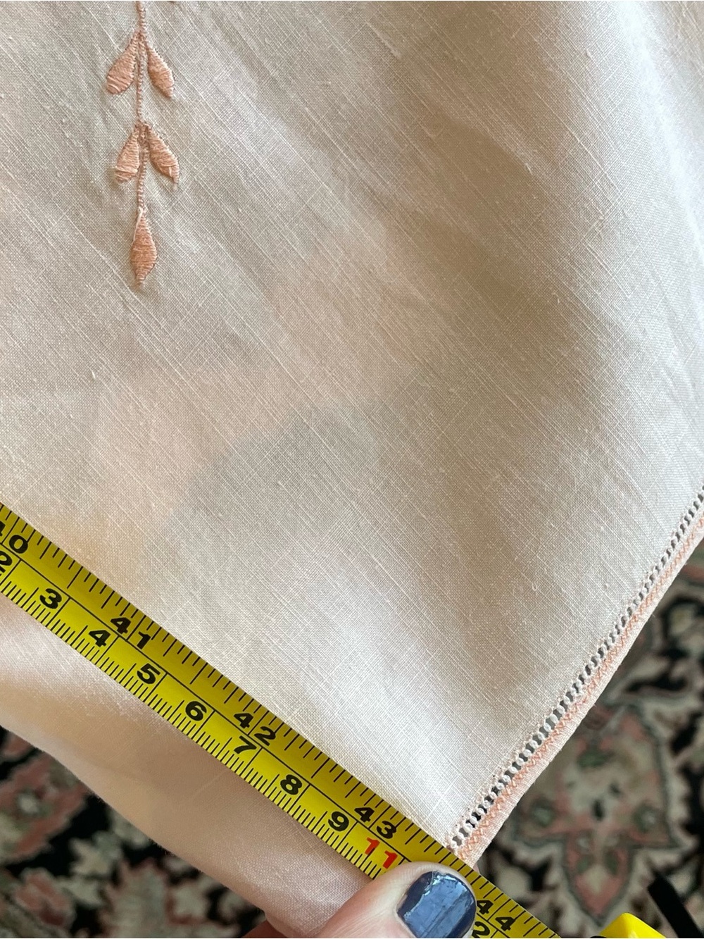 Vintage Mid Century Embroidered Leaf  Peach Linen Cotton Tablecloth - 44x44 in - Picture 10 of 10